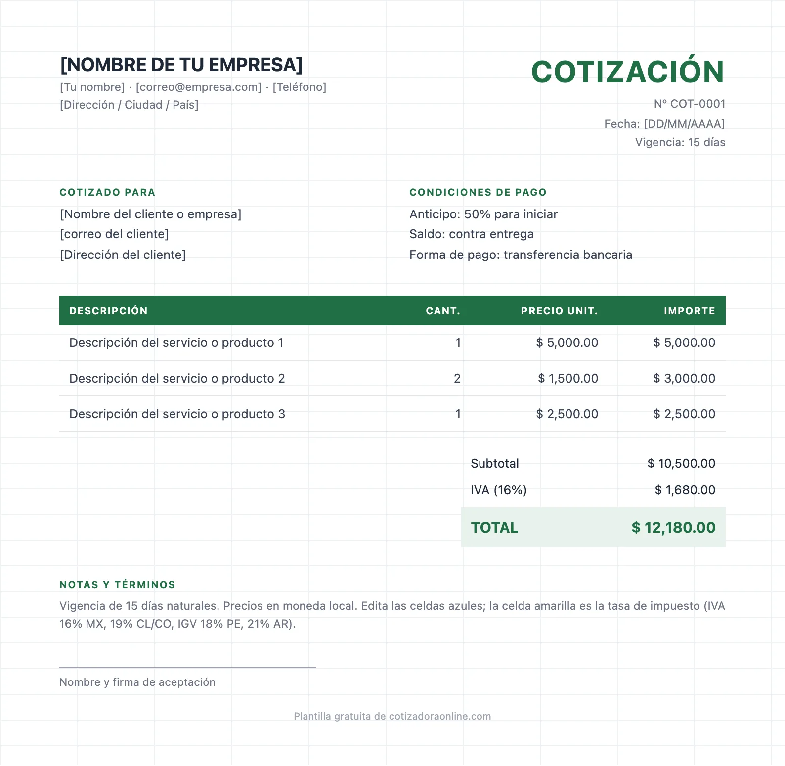 Vista previa de la formato de cotización en excel con iva automático: encabezado con datos de la empresa, tabla de conceptos con cantidad y precio unitario, subtotal, IVA y total