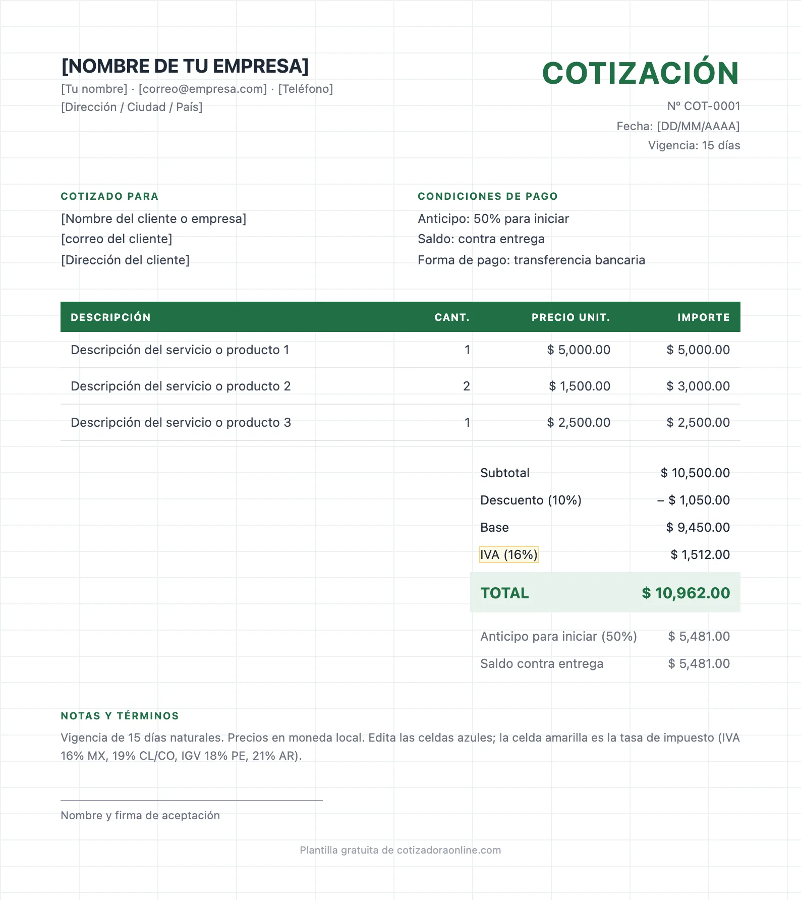 Vista previa de la cotización de servicios en excel — con descuento y anticipo: encabezado con datos de la empresa, tabla de conceptos con cantidad y precio unitario, subtotal, IVA y total