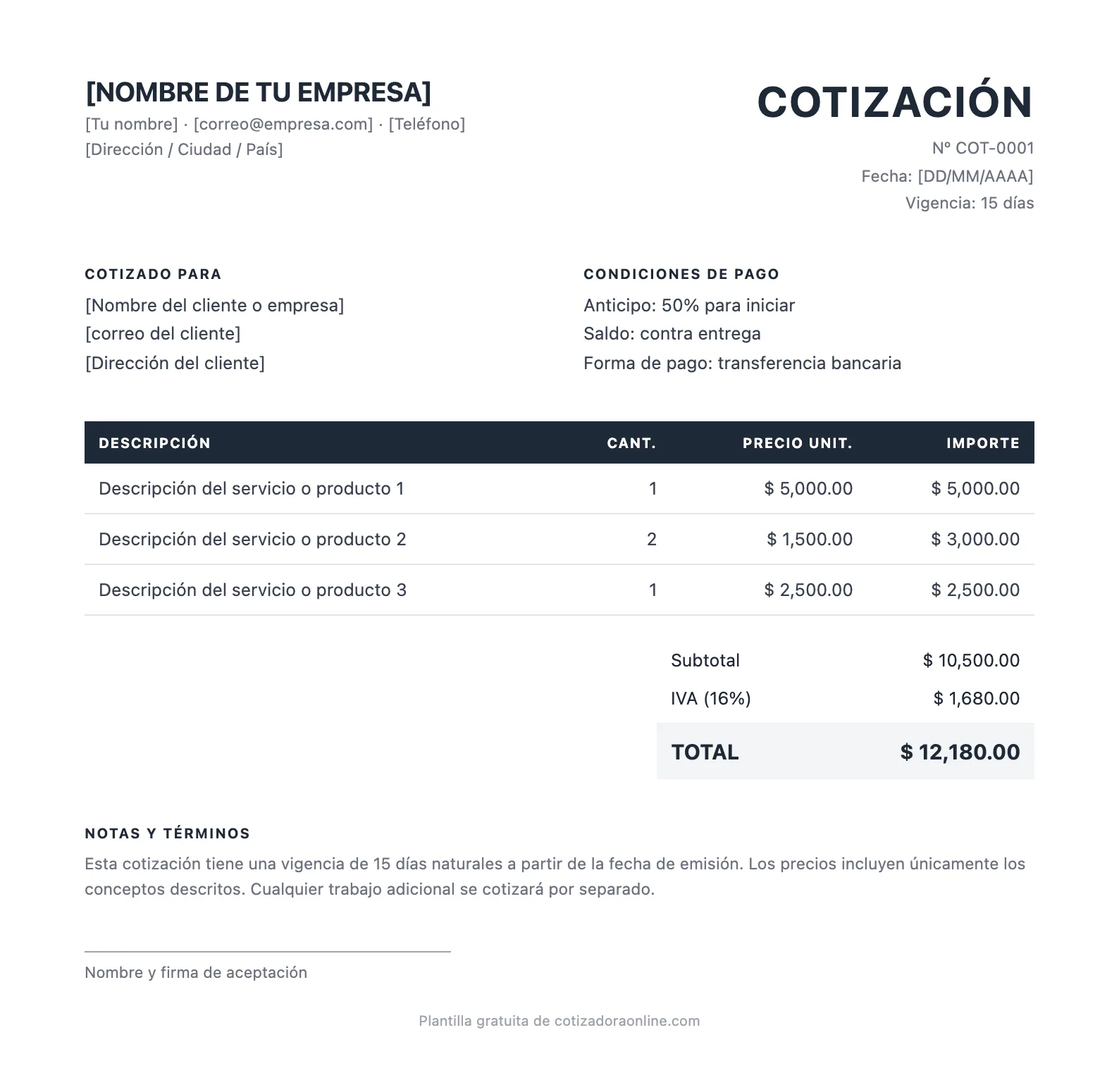 Vista previa de la plantilla de cotización en word — clásica: encabezado con datos de la empresa, tabla de conceptos con cantidad y precio unitario, subtotal, IVA y total