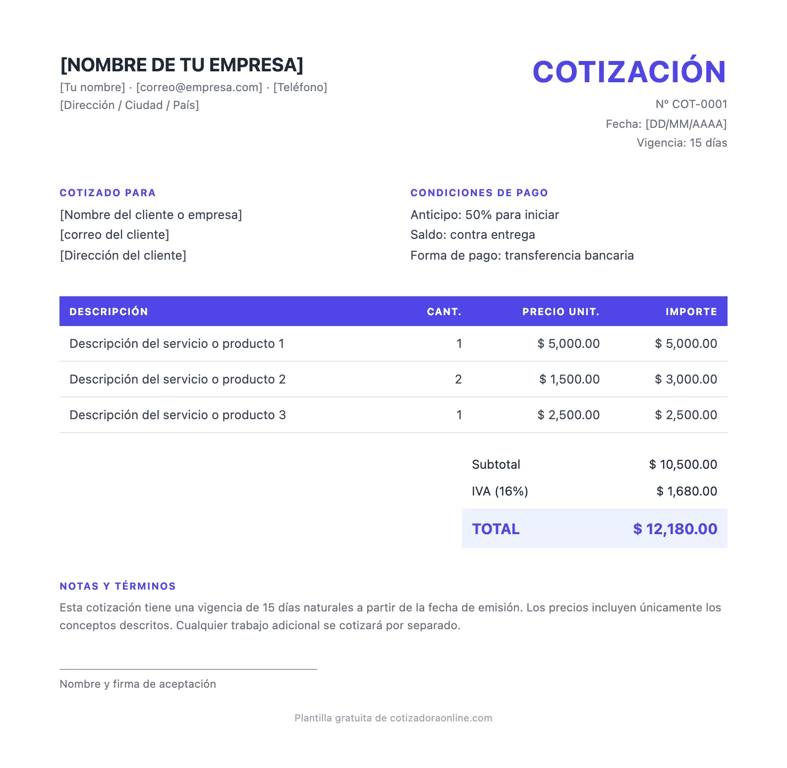 Vista previa de la plantilla de cotización en word — moderna: encabezado con datos de la empresa, tabla de conceptos con cantidad y precio unitario, subtotal, IVA y total